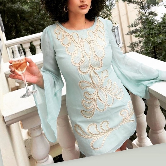 Ark & Co. Mint Chiffon Embroidered Dress bell sleeve retro tunic mini flared M - Picture 1 of 8